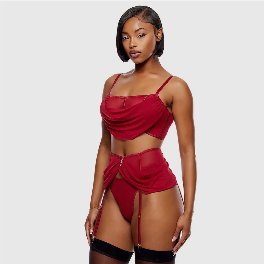 Princess Draped Red Bra + Panty + Garter 3pc Lingerie Set
